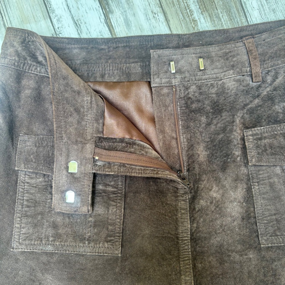INC Suede Leather Mini Skirt 6 Brown Cargo Utility A-Line Y2K Indie Western Boho - Picture 5 of 7